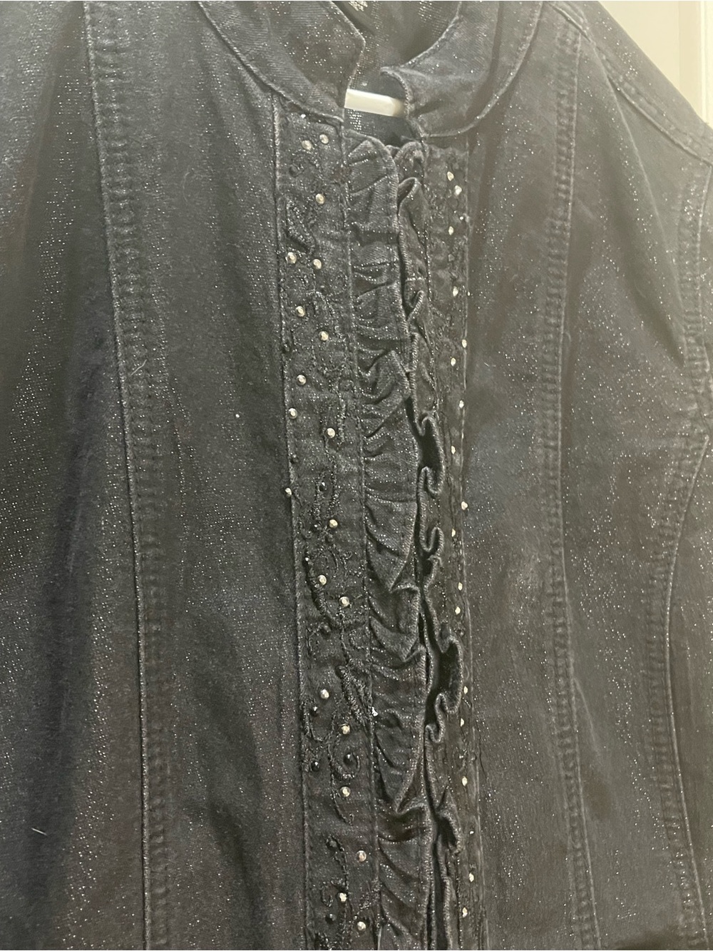 Baccini Black Ruffle-Front Jean Jacket with Shimmer Cotton Stretch XL - Picture 3 of 7